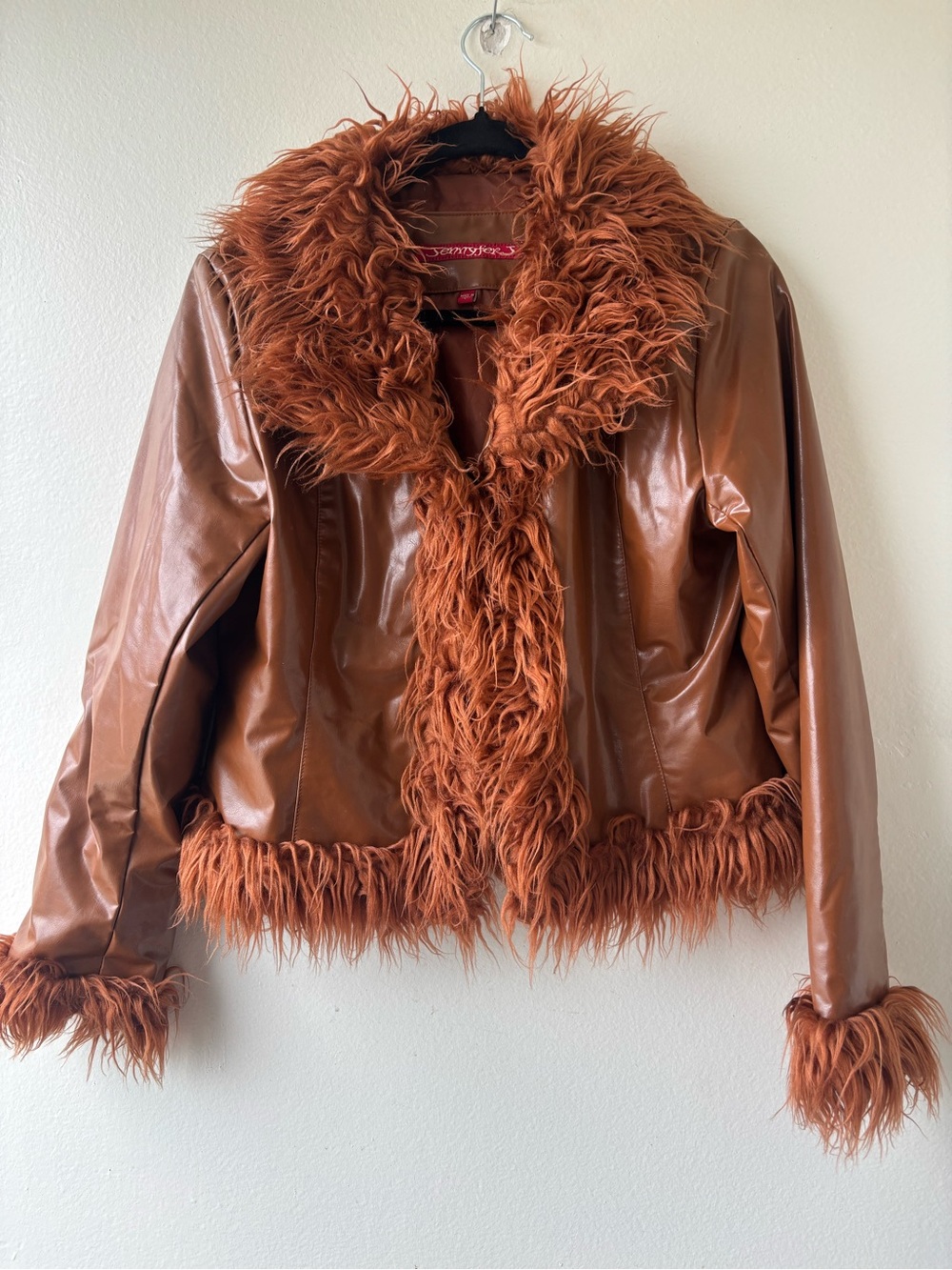 Pennylane style Faux Leather Jacket with Faux Fur Trim - Rust Brown